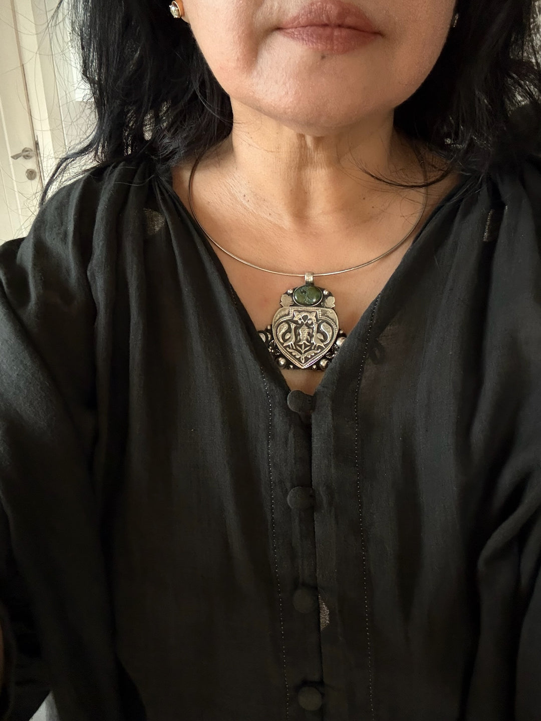 Antique Tribal 925 Silver Hasli Necklace | SHIVKA | 46g | Detachable Pendant 2.5x2 in | Natural Stone | Handmade Statement Jewelry