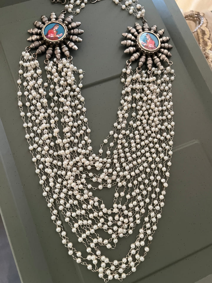 Antique Oxidized Necklace with Hand painted Brooches | Festive Elegance by SHIVKA