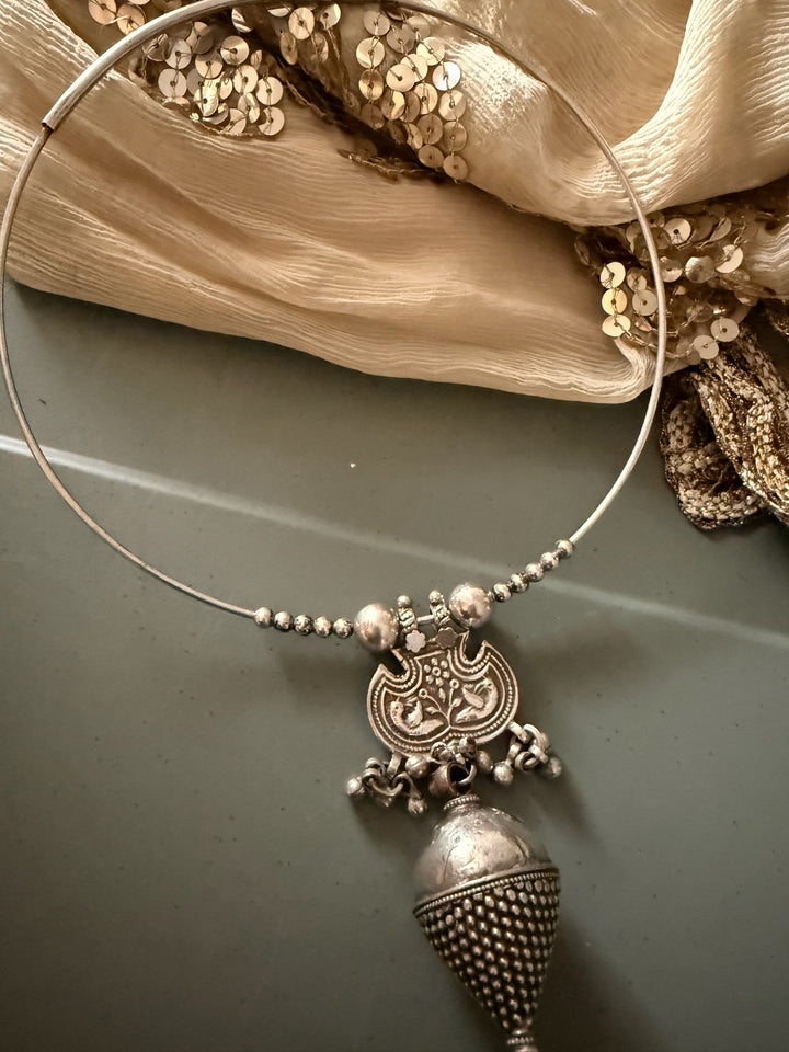 Antique Tribal 925 Silver Pendant Hasli Necklace | Handmade SHIVKA Jewelry | 56g | Eye-Catching Statement Piece