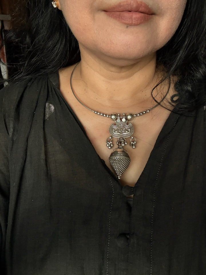 Antique Tribal 925 Silver Pendant Hasli Necklace | Handmade SHIVKA Jewelry | 56g | Eye-Catching Statement Piece