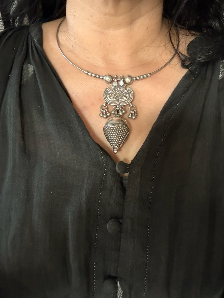 Antique Tribal 925 Silver Pendant Hasli Necklace | Handmade SHIVKA Jewelry | 56g | Eye-Catching Statement Piece