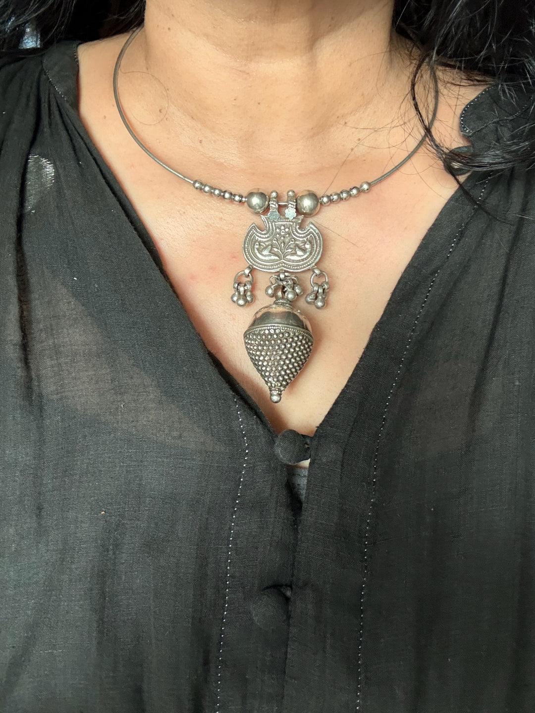 Antique Tribal 925 Silver Pendant Hasli Necklace | Handmade SHIVKA Jewelry | 56g | Eye-Catching Statement Piece