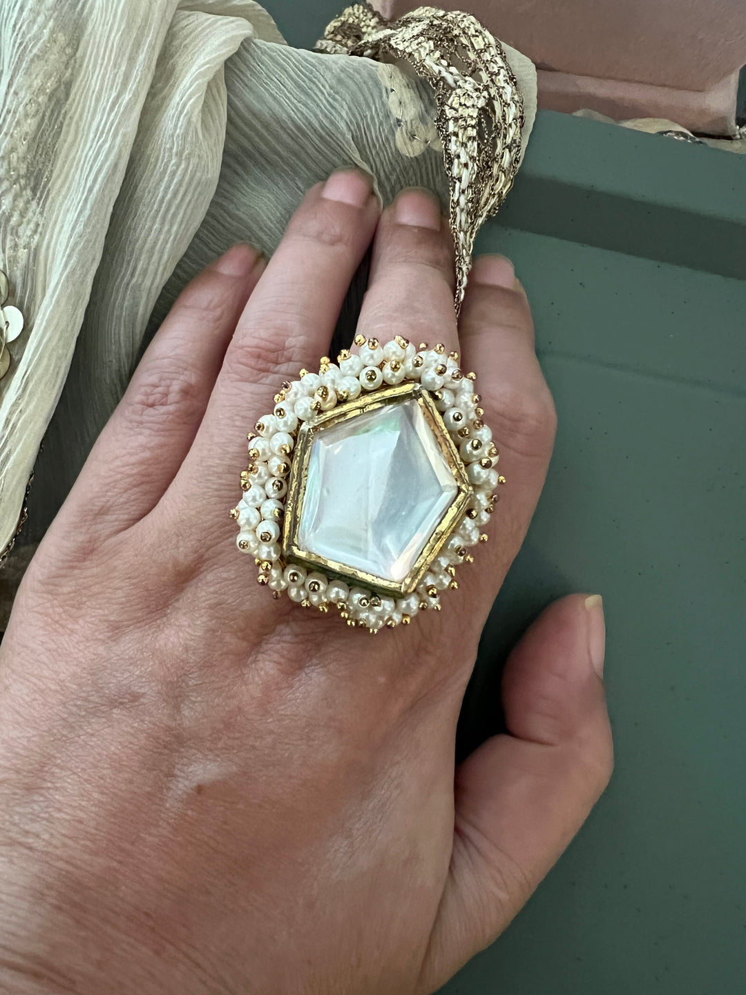 Pearl Clustered Kundan Ring