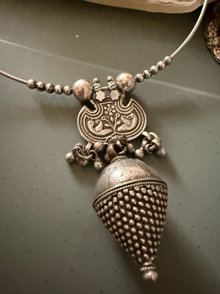 Antique Tribal 925 Silver Pendant Hasli Necklace | Handmade SHIVKA Jewelry | 56g | Eye-Catching Statement Piece