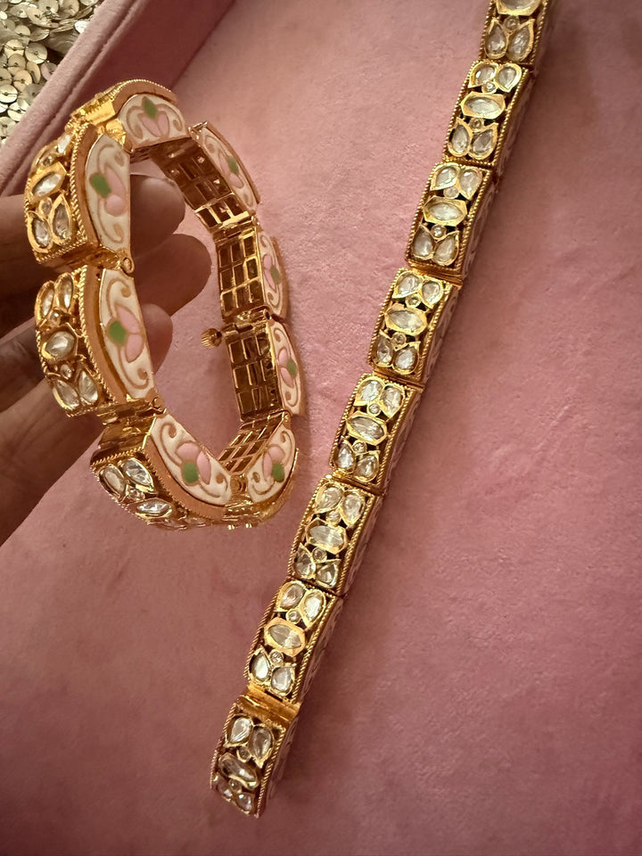 SHIVKA Gajra Kundan Bracelet Set | Gold Enamel Bangles (Pair)