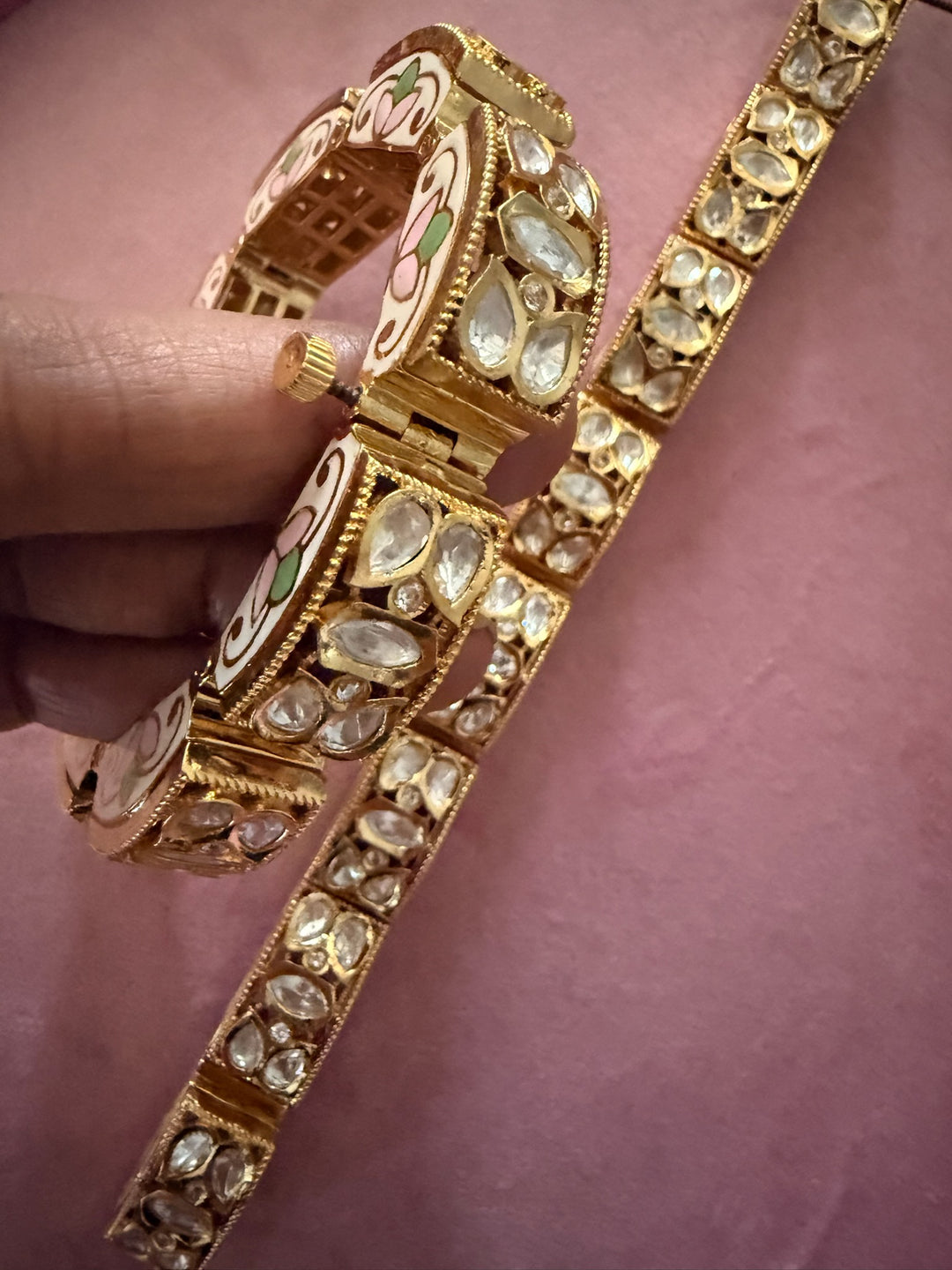 SHIVKA Gajra Kundan Bracelet Set | Gold Enamel Bangles (Pair)