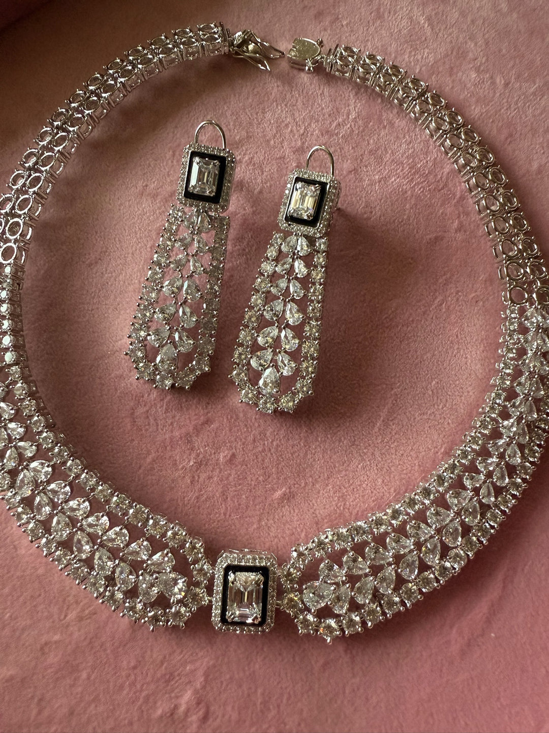 SHIVKA Victorian CZ Necklace Set | Rhodium Finish Jewelry