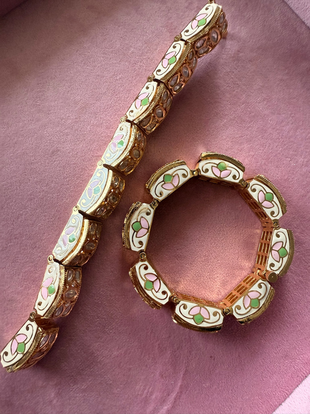 SHIVKA Gajra Kundan Bracelet Set | Gold Enamel Bangles (Pair)