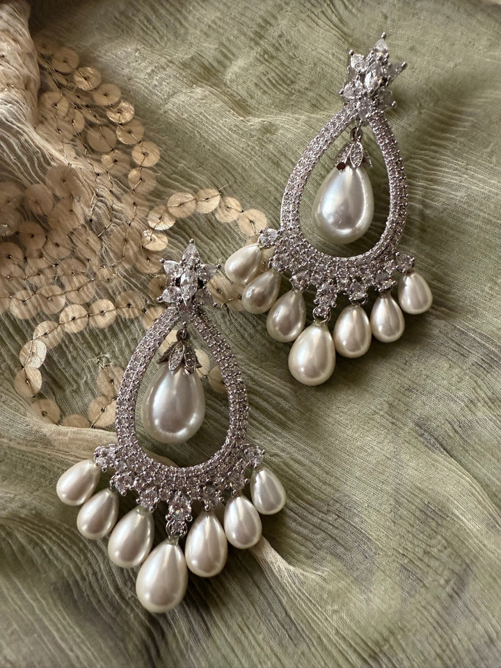 Pearl CZ Earrings | Rhodium Plated Bridal Statement Jewelry