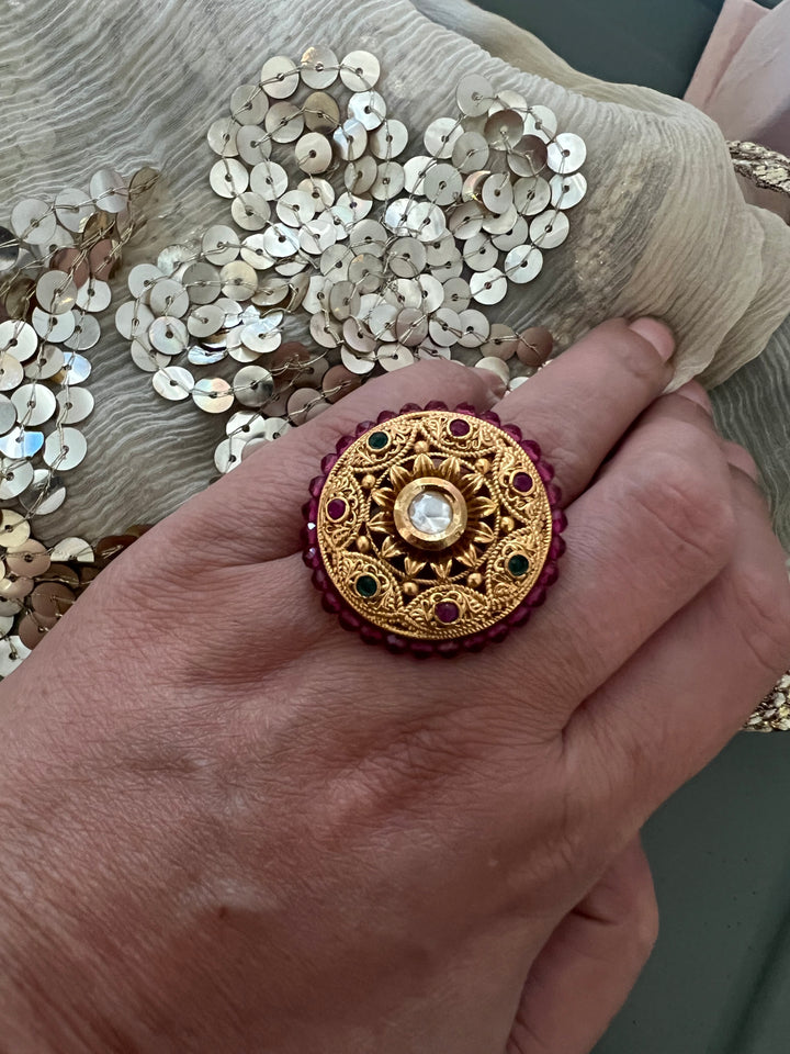 Wedding Kundan Ring | Elegant Antique Gold Design by SHIVKA