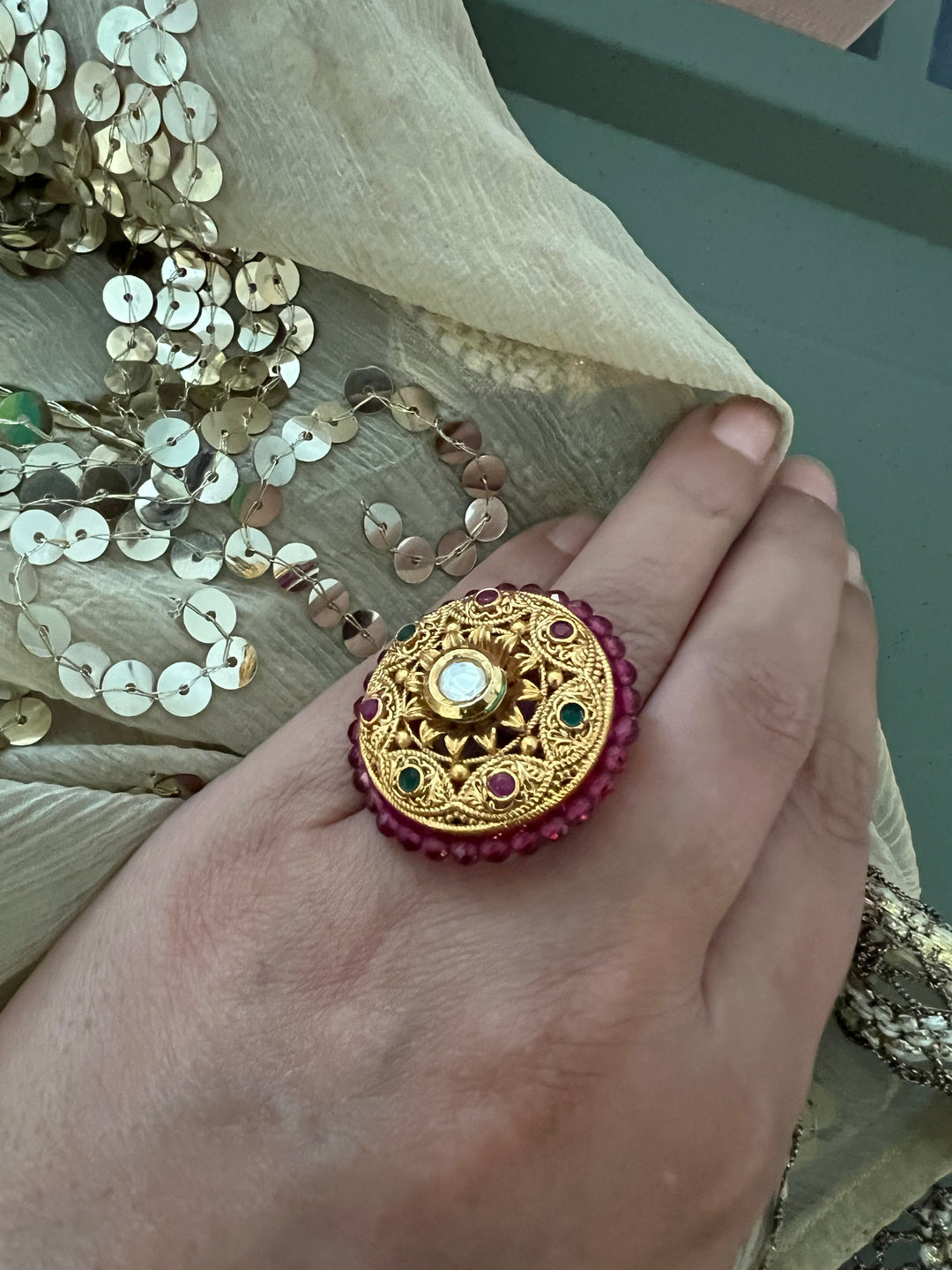 Wedding Kundan Ring | Elegant Antique Gold Design by SHIVKA