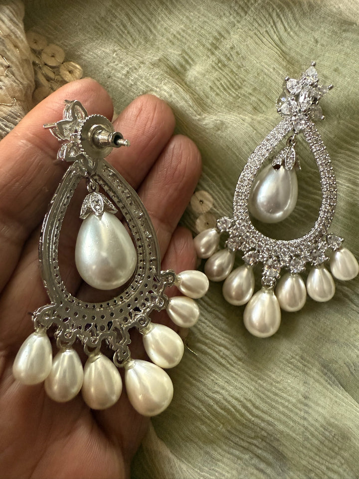 Pearl CZ Earrings | Rhodium Plated Bridal Statement Jewelry