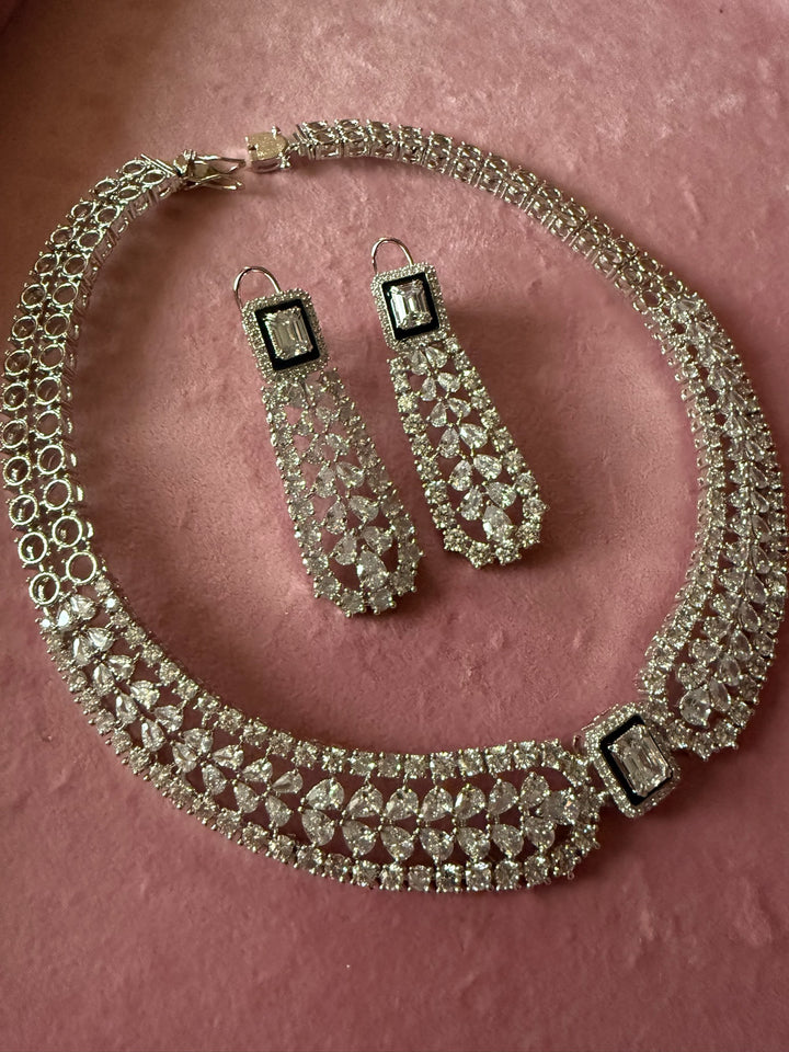 SHIVKA Victorian CZ Necklace Set | Rhodium Finish Jewelry