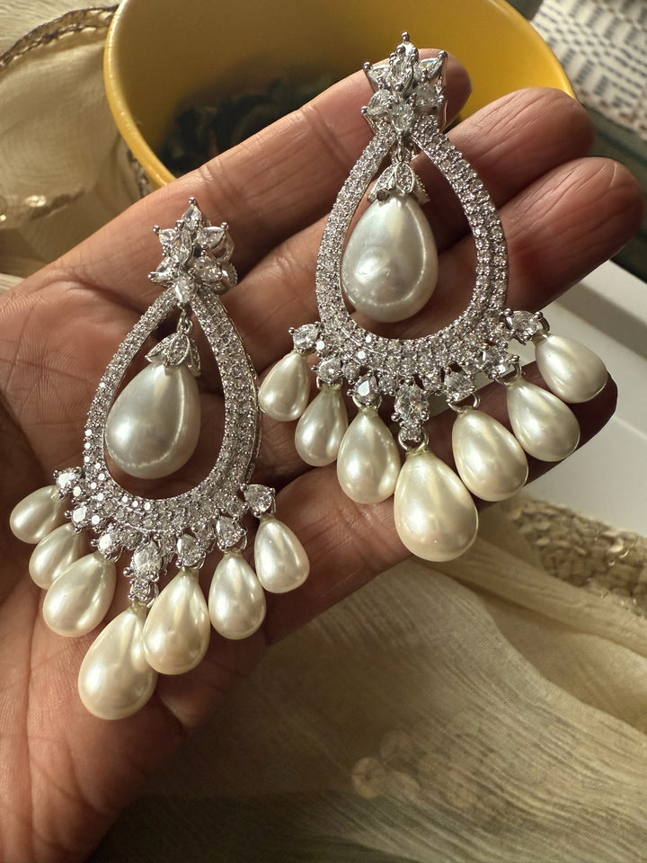 Pearl CZ Earrings | Rhodium Plated Bridal Statement Jewelry