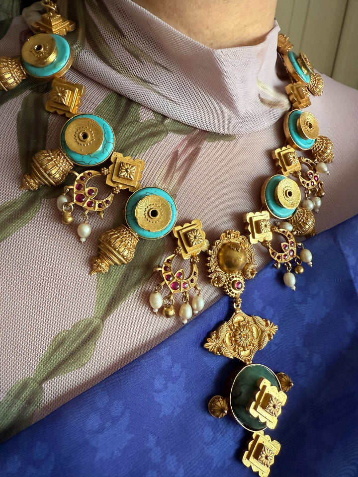 Turquoise Pearl & Kundan 925 Silver Necklace | SHIVKA