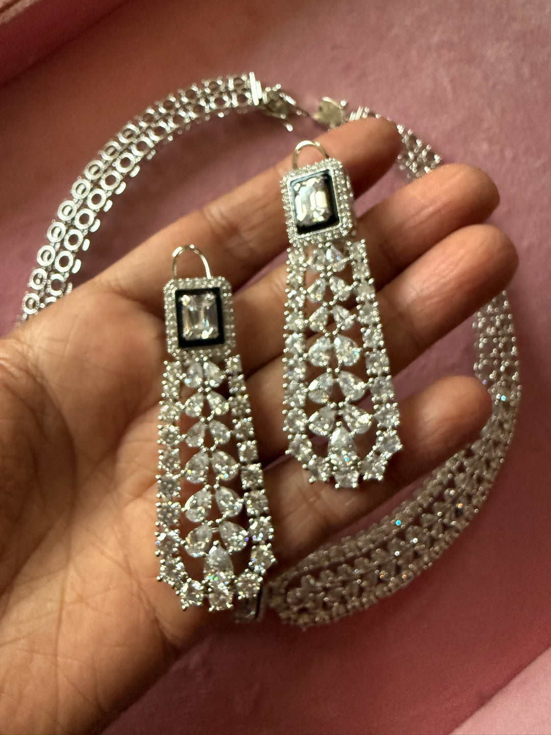 SHIVKA Victorian CZ Necklace Set | Rhodium Finish Jewelry