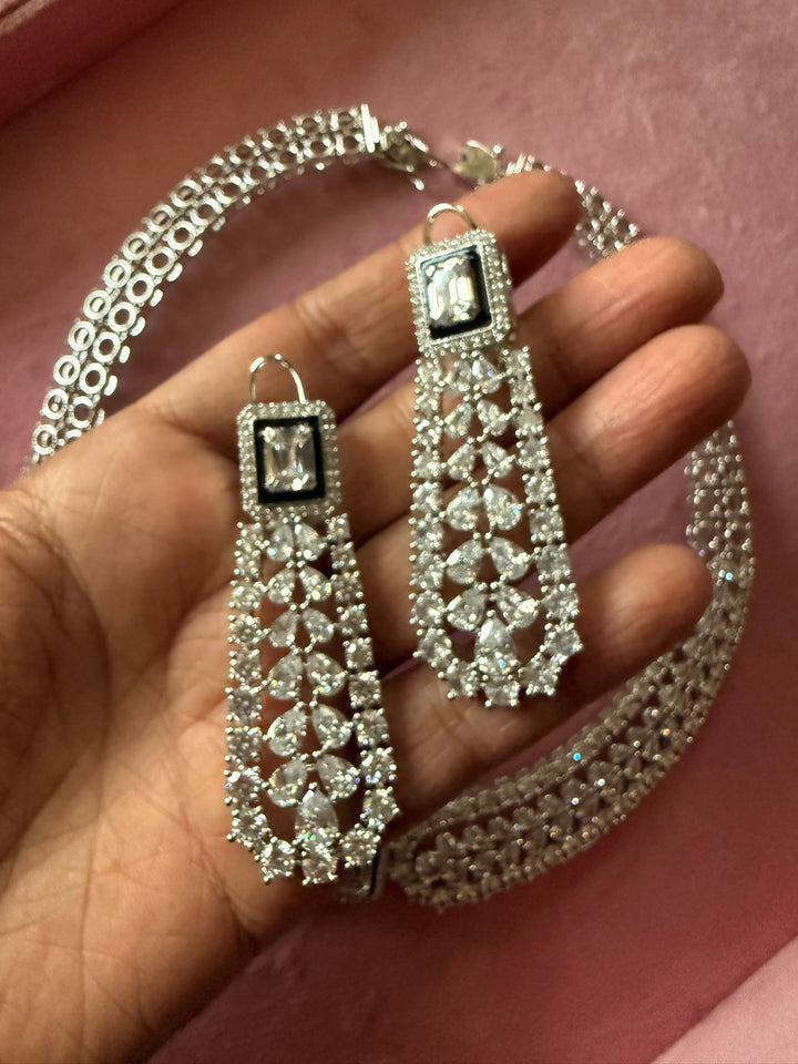 SHIVKA Victorian CZ Necklace Set | Rhodium Finish Jewelry