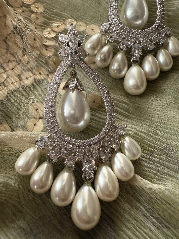 Pearl CZ Earrings | Rhodium Plated Bridal Statement Jewelry