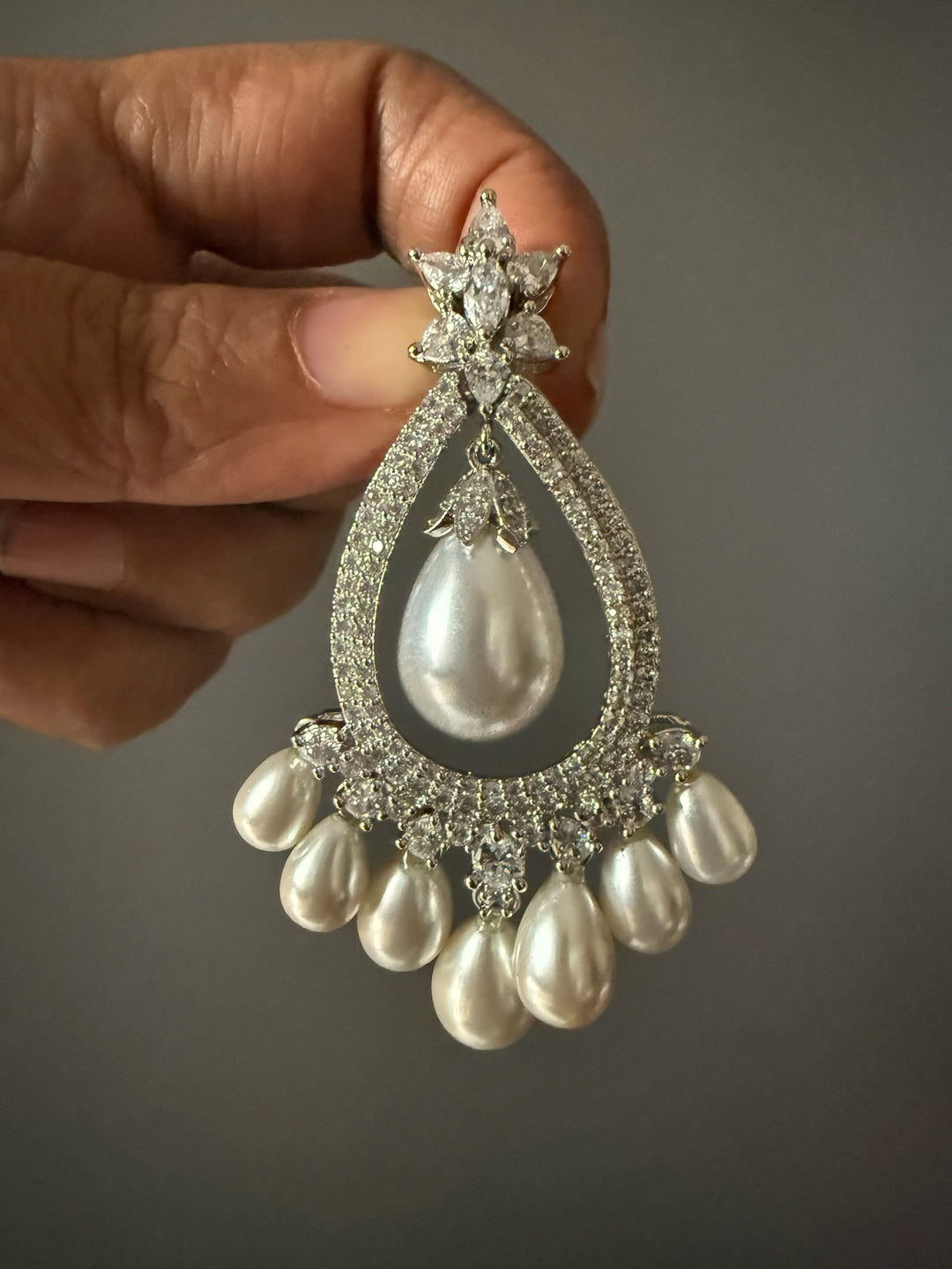 Pearl CZ Earrings | Rhodium Plated Bridal Statement Jewelry