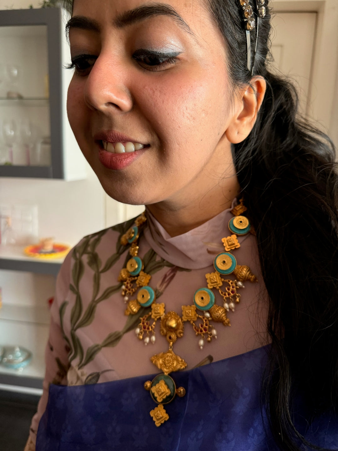 Turquoise Pearl & Kundan 925 Silver Necklace | SHIVKA