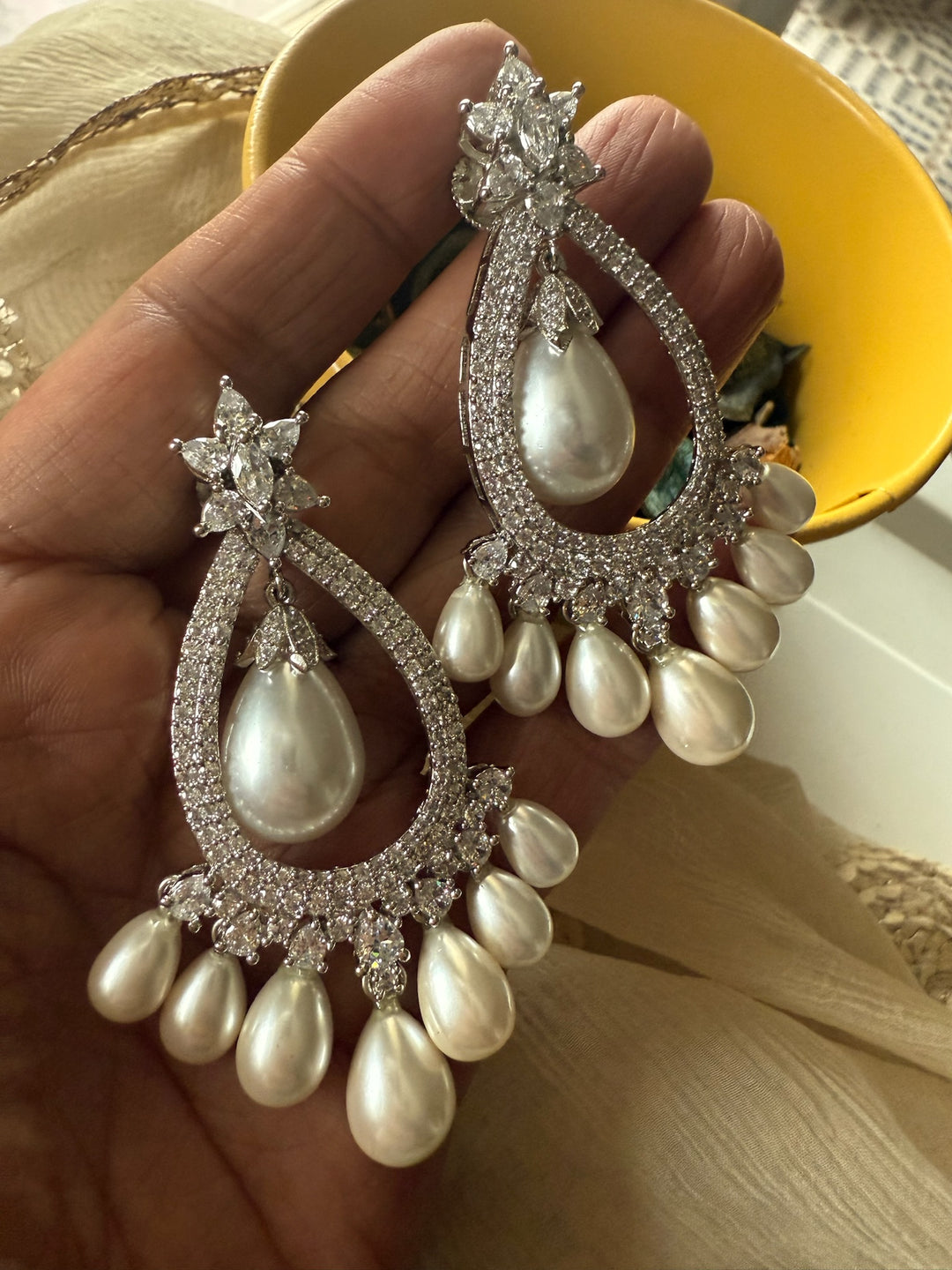 Pearl CZ Earrings | Rhodium Plated Bridal Statement Jewelry