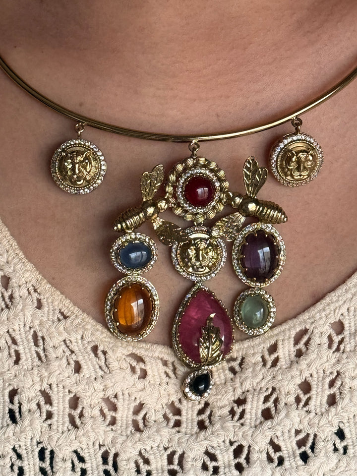 Elegant Animal Figurine Designer Necklace Set | SHIVKA | Brass, Copper & Silver | Perfect for Destination Weddings