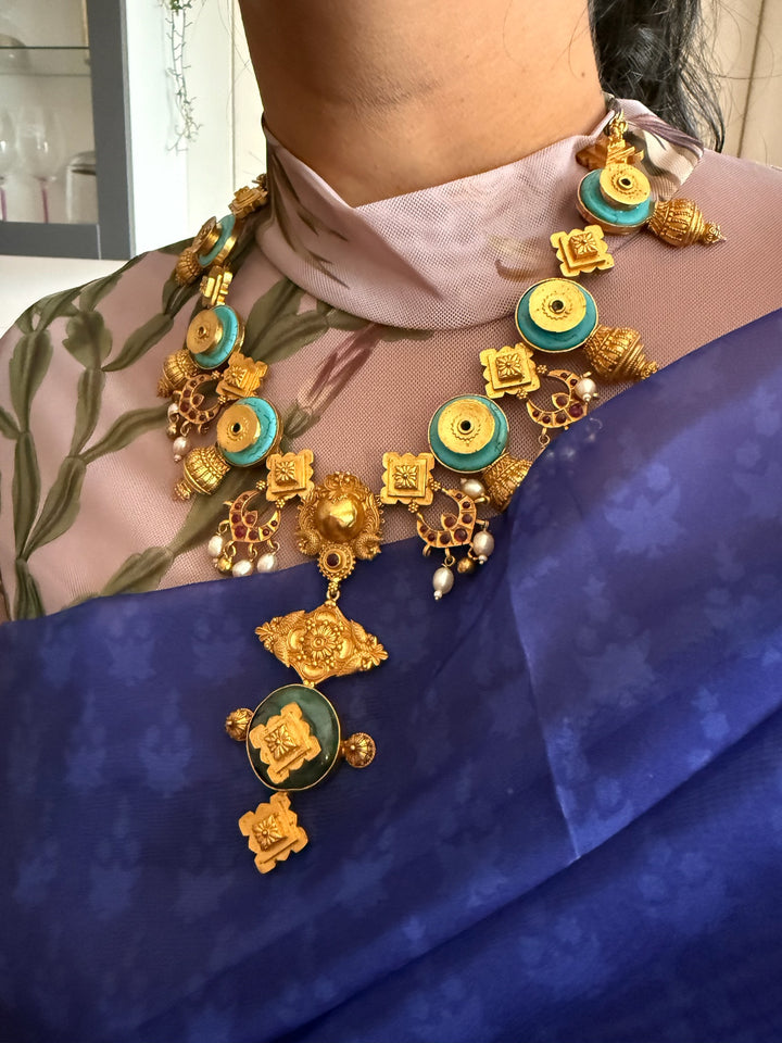 Turquoise Pearl & Kundan 925 Silver Necklace | SHIVKA