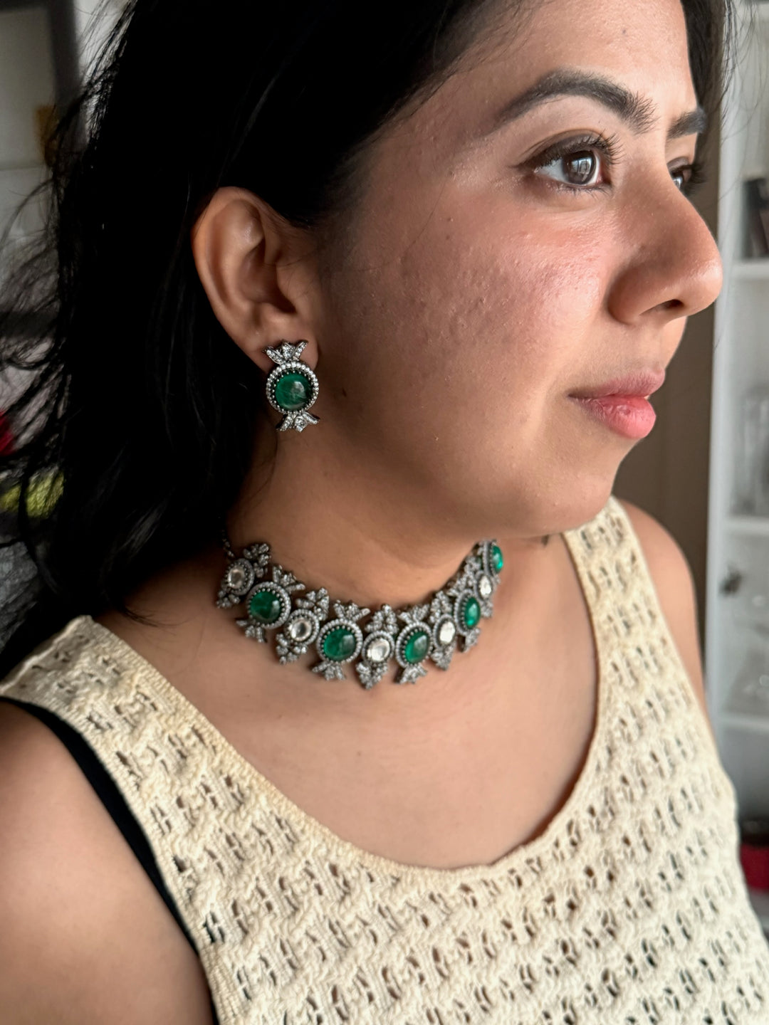 SHIVKA Victorian Green Stone Choker & Studs Set