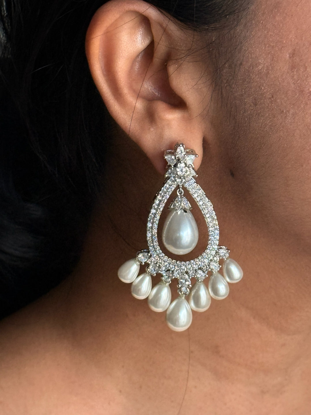 Pearl CZ Earrings | Rhodium Plated Bridal Statement Jewelry