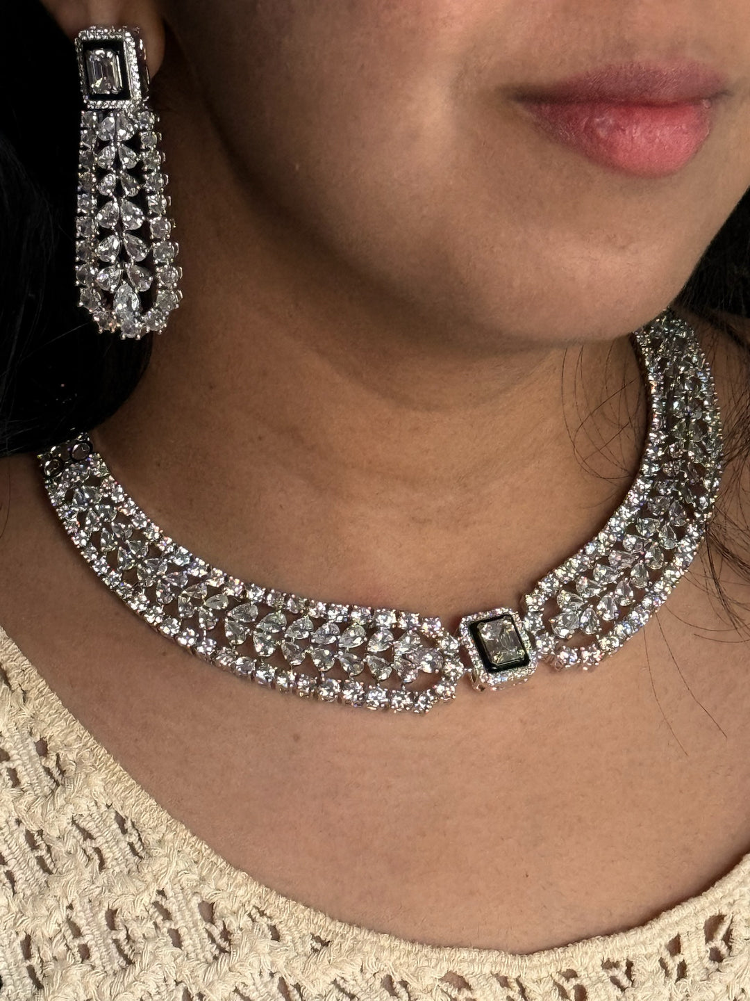 SHIVKA Victorian CZ Necklace Set | Rhodium Finish Jewelry
