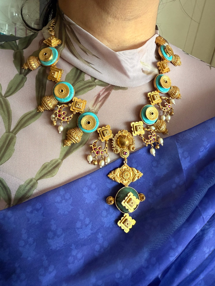 Turquoise Pearl & Kundan 925 Silver Necklace | SHIVKA