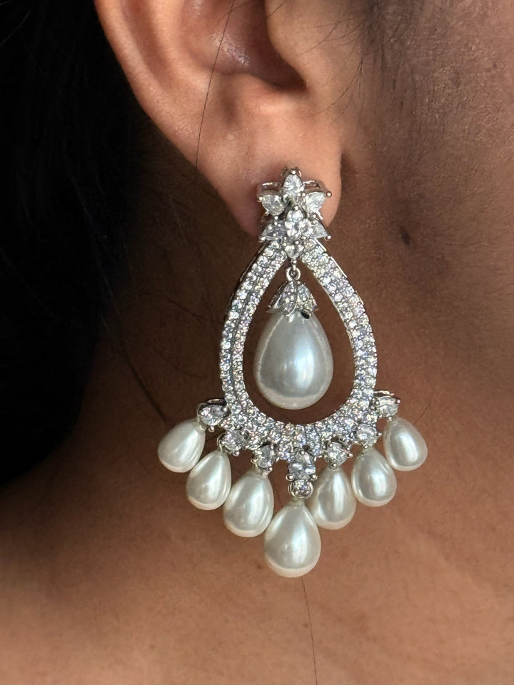 Pearl CZ Earrings | Rhodium Plated Bridal Statement Jewelry