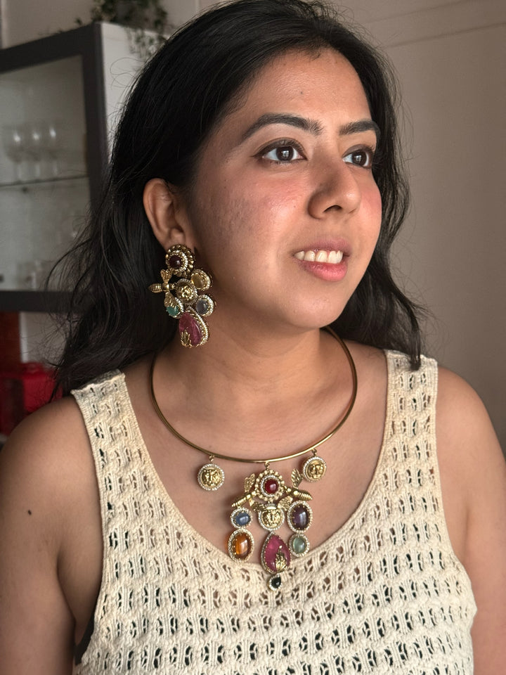 Elegant Animal Figurine Designer Necklace Set | SHIVKA | Brass, Copper & Silver | Perfect for Destination Weddings