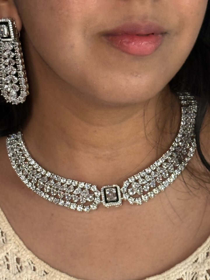 SHIVKA Victorian CZ Necklace Set | Rhodium Finish Jewelry