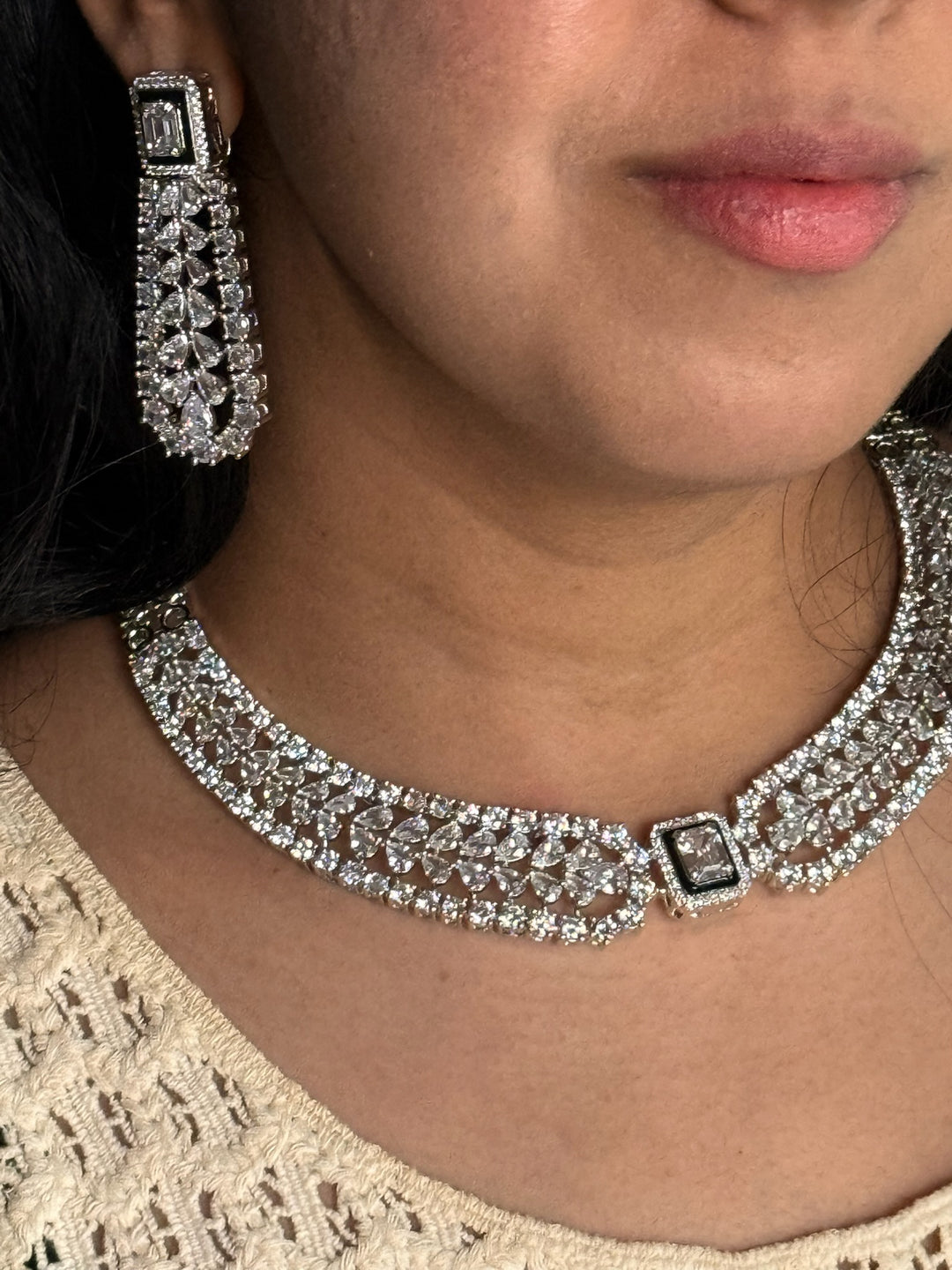 SHIVKA Victorian CZ Necklace Set | Rhodium Finish Jewelry