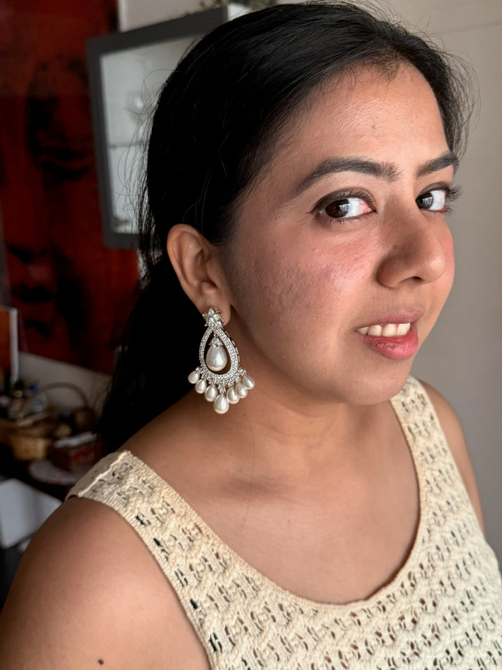 Pearl CZ Earrings | Rhodium Plated Bridal Statement Jewelry