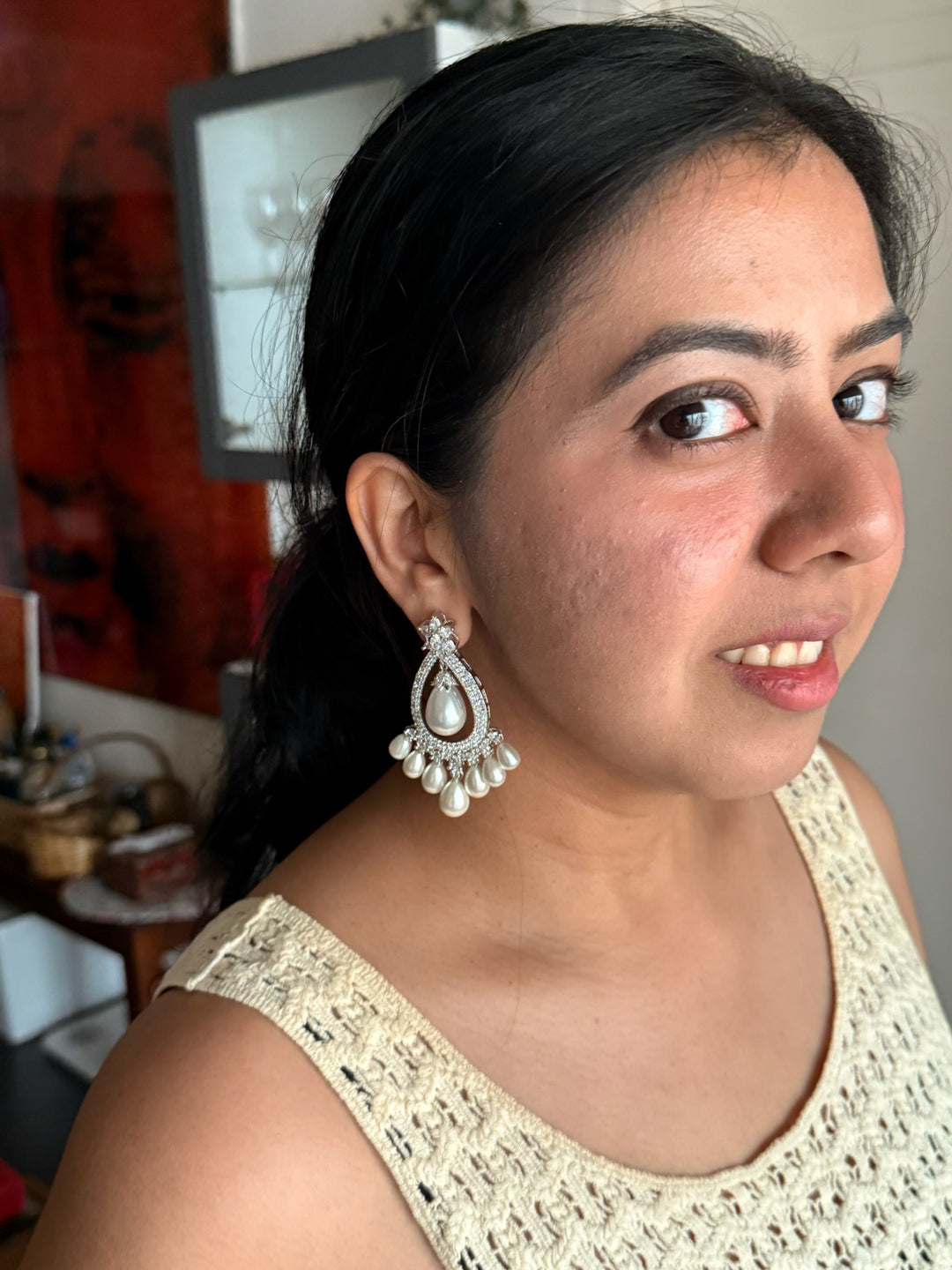 Pearl CZ Earrings | Rhodium Plated Bridal Statement Jewelry