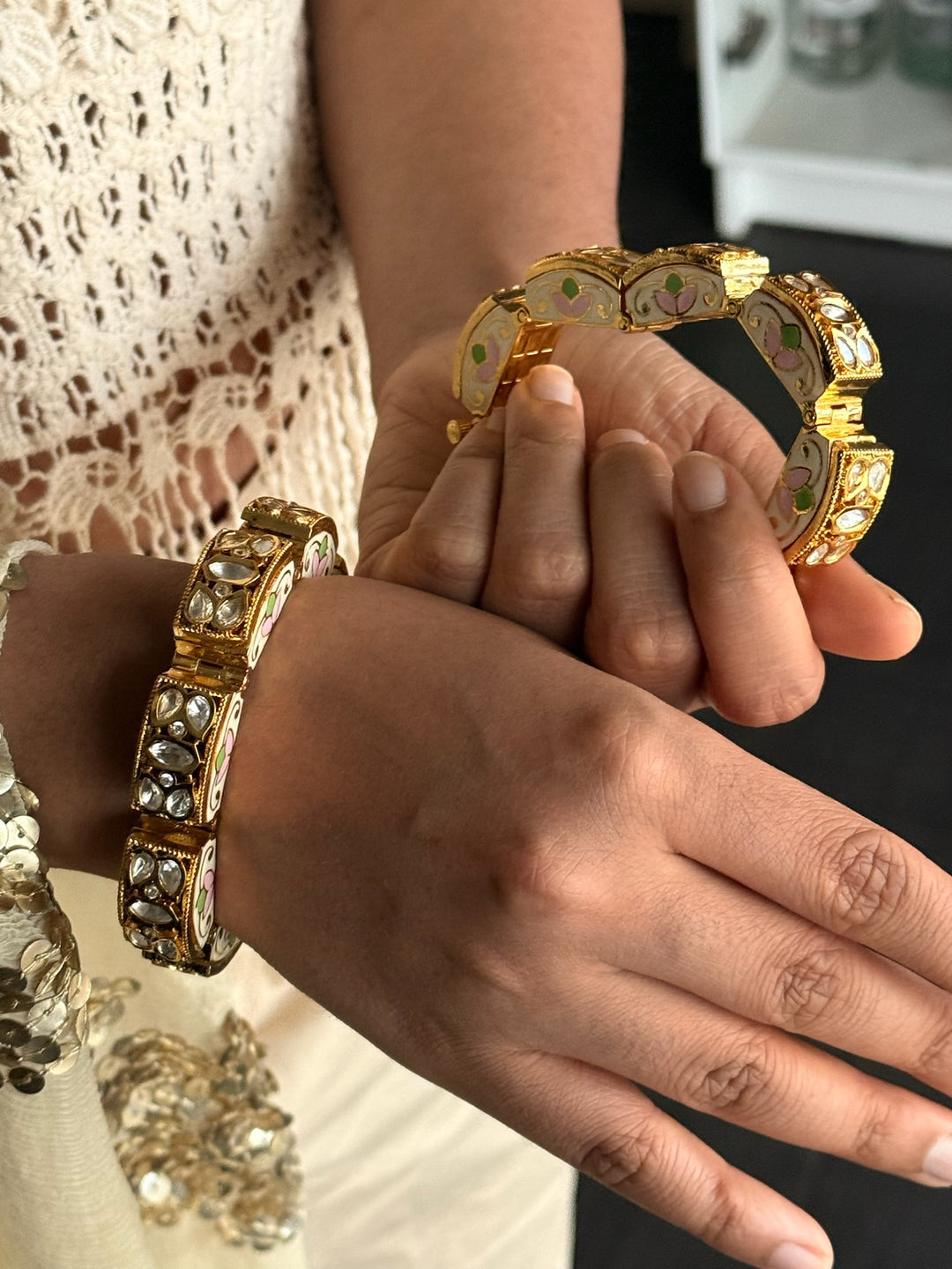 SHIVKA Gajra Kundan Bracelet Set | Gold Enamel Bangles (Pair)