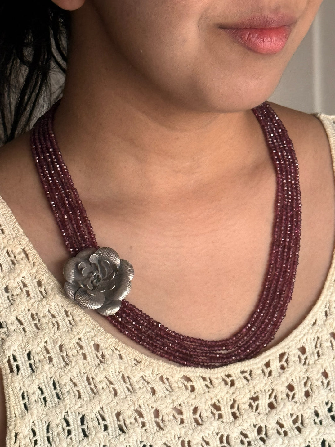 Elegant Rhodolite Silver Flower Necklace | SHIVKA Silver