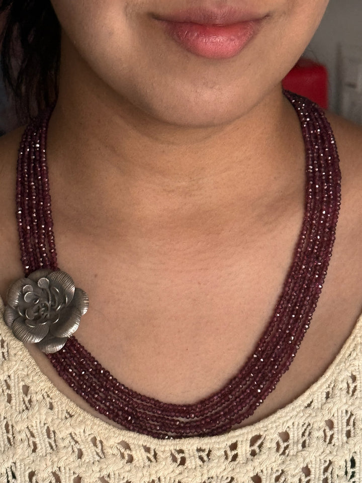 Elegant Rhodolite Silver Flower Necklace | SHIVKA Silver