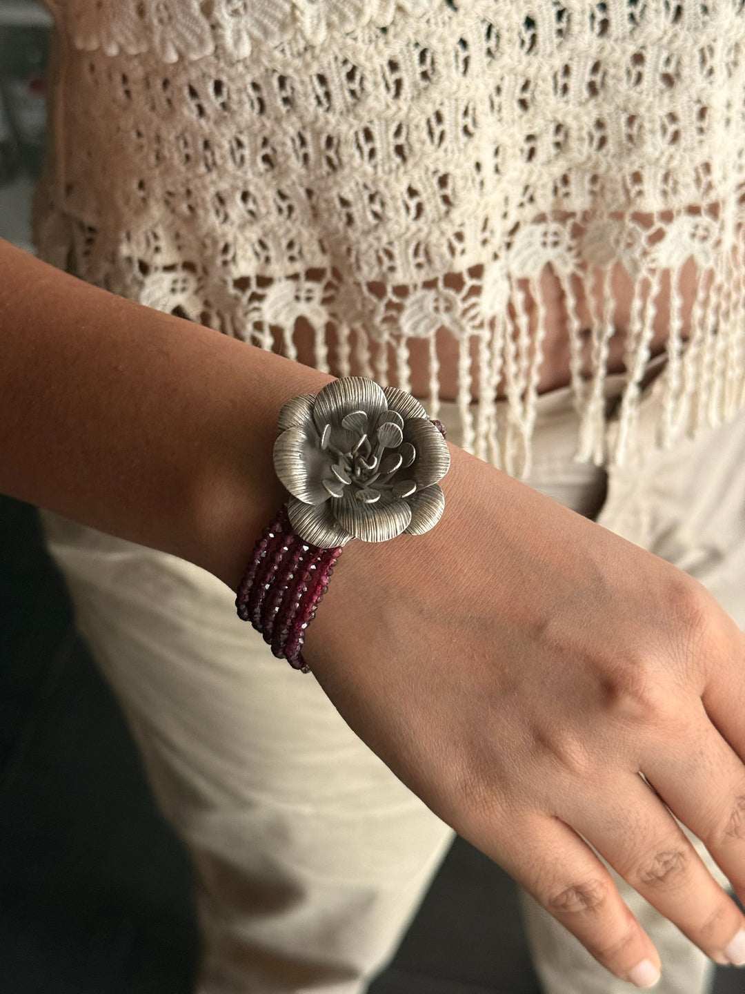 Elegant Rhodolite Silver Flower Bracelet | SHIVKA 94 Silver