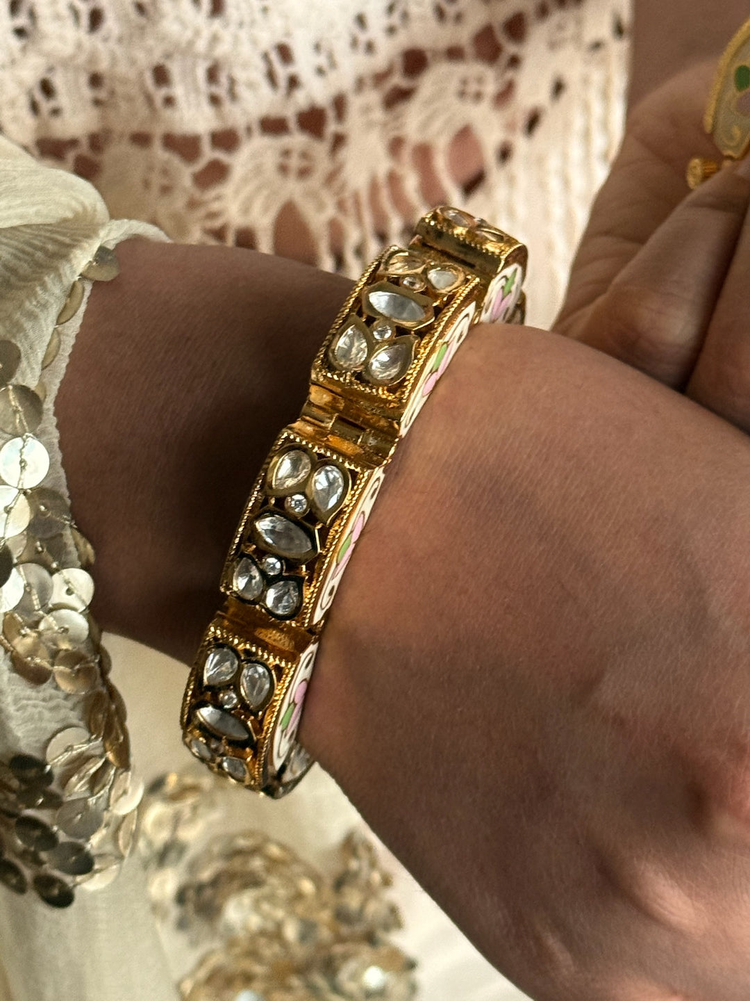 SHIVKA Gajra Kundan Bracelet Set | Gold Enamel Bangles (Pair)