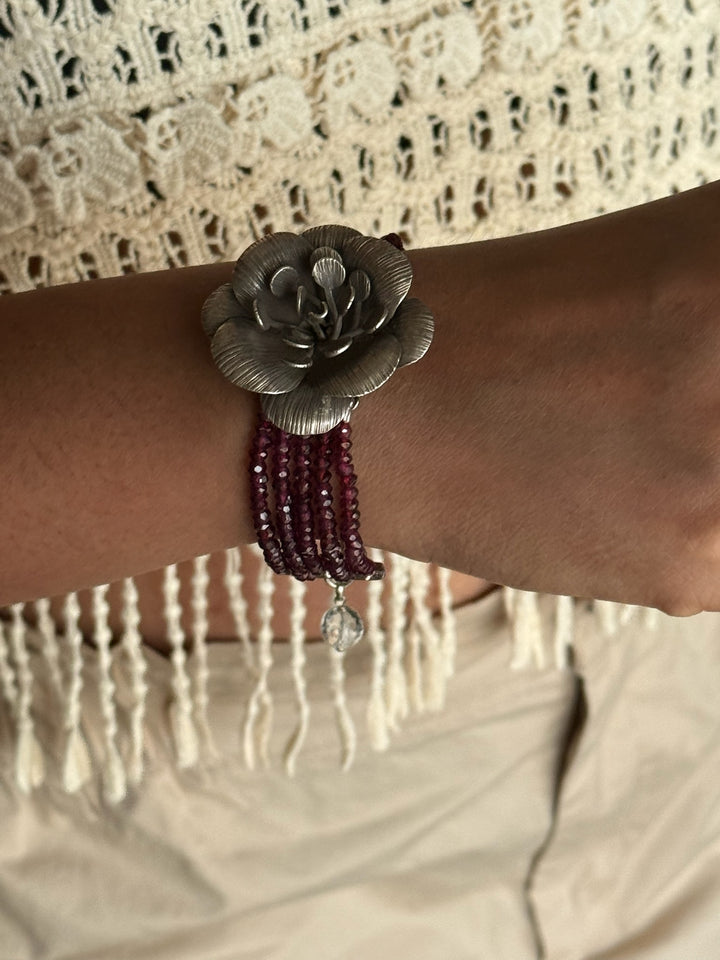 Elegant Rhodolite Silver Flower Bracelet | SHIVKA 94 Silver
