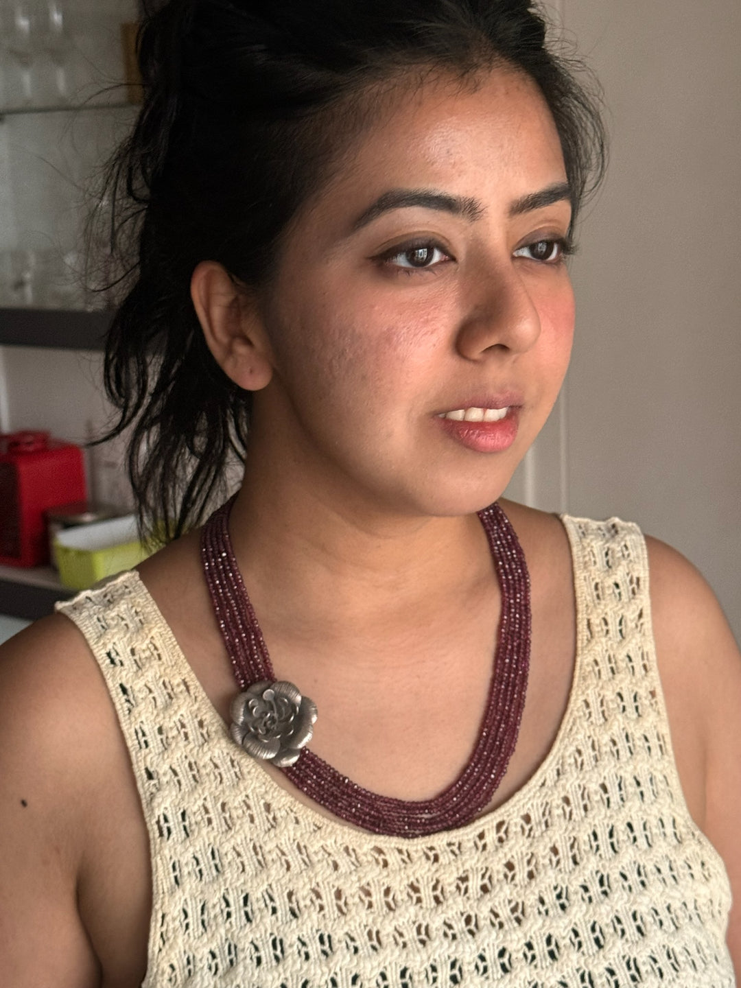 Elegant Rhodolite Silver Flower Necklace | SHIVKA Silver