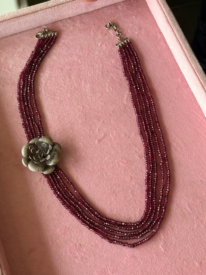 Elegant Rhodolite Silver Flower Necklace | SHIVKA Silver