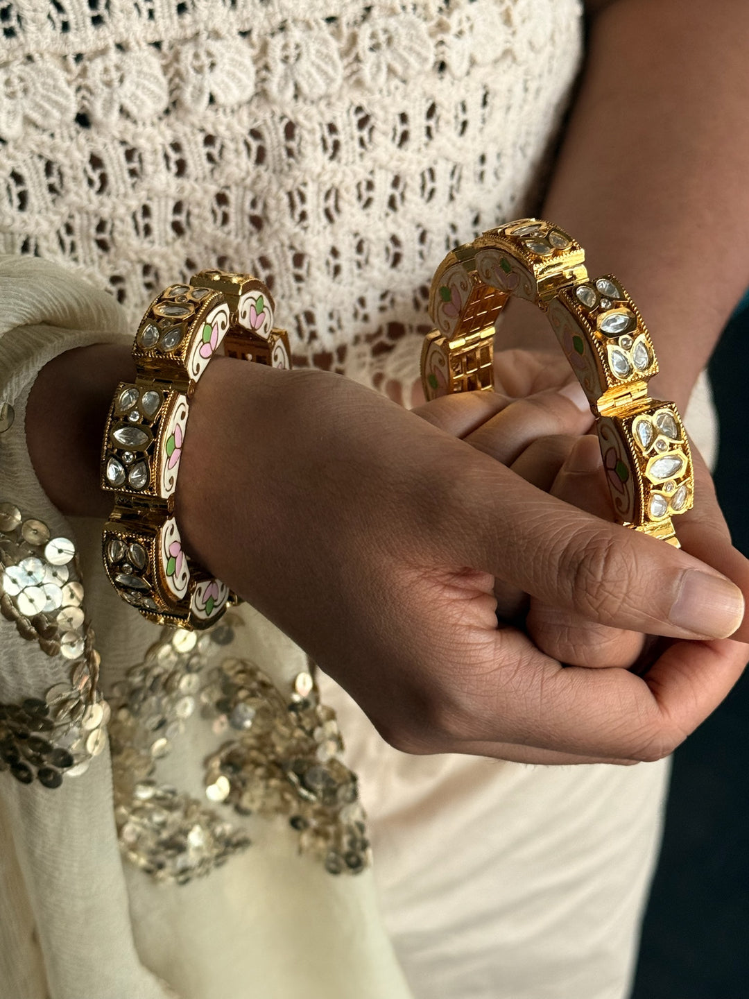 SHIVKA Gajra Kundan Bracelet Set | Gold Enamel Bangles (Pair)