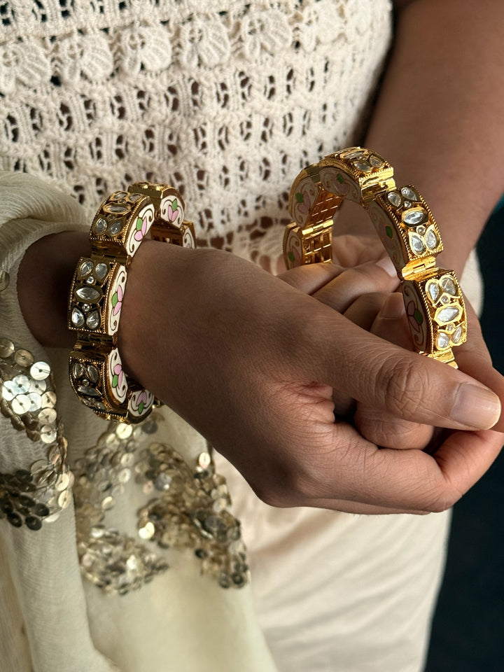SHIVKA Gajra Kundan Bracelet Set | Gold Enamel Bangles (Pair)