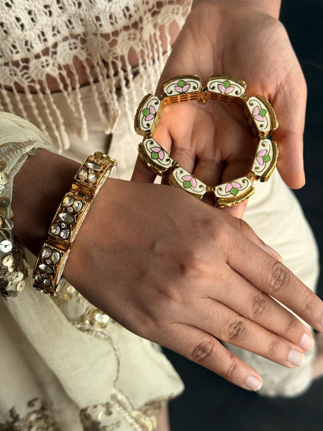 SHIVKA Gajra Kundan Bracelet Set | Gold Enamel Bangles (Pair)