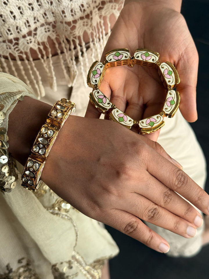 SHIVKA Gajra Kundan Bracelet Set | Gold Enamel Bangles (Pair)