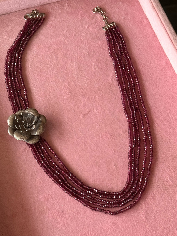 Elegant Rhodolite Silver Flower Necklace | SHIVKA Silver